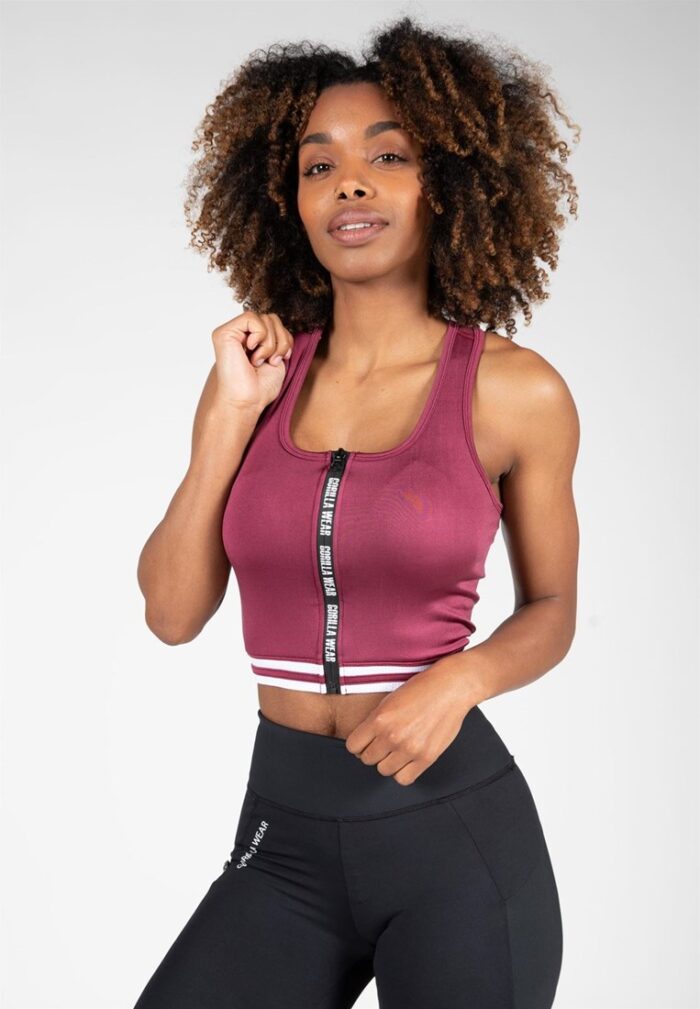 mesa zip front crop top burgundy red